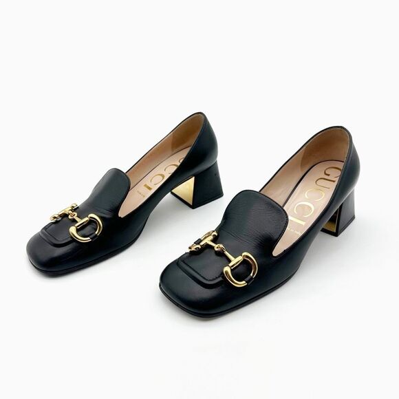GUCCI Black Baby Bit Horsebit Square Toe Pump Size 39.5 Leather Block Heel - Picture 1 of 11
